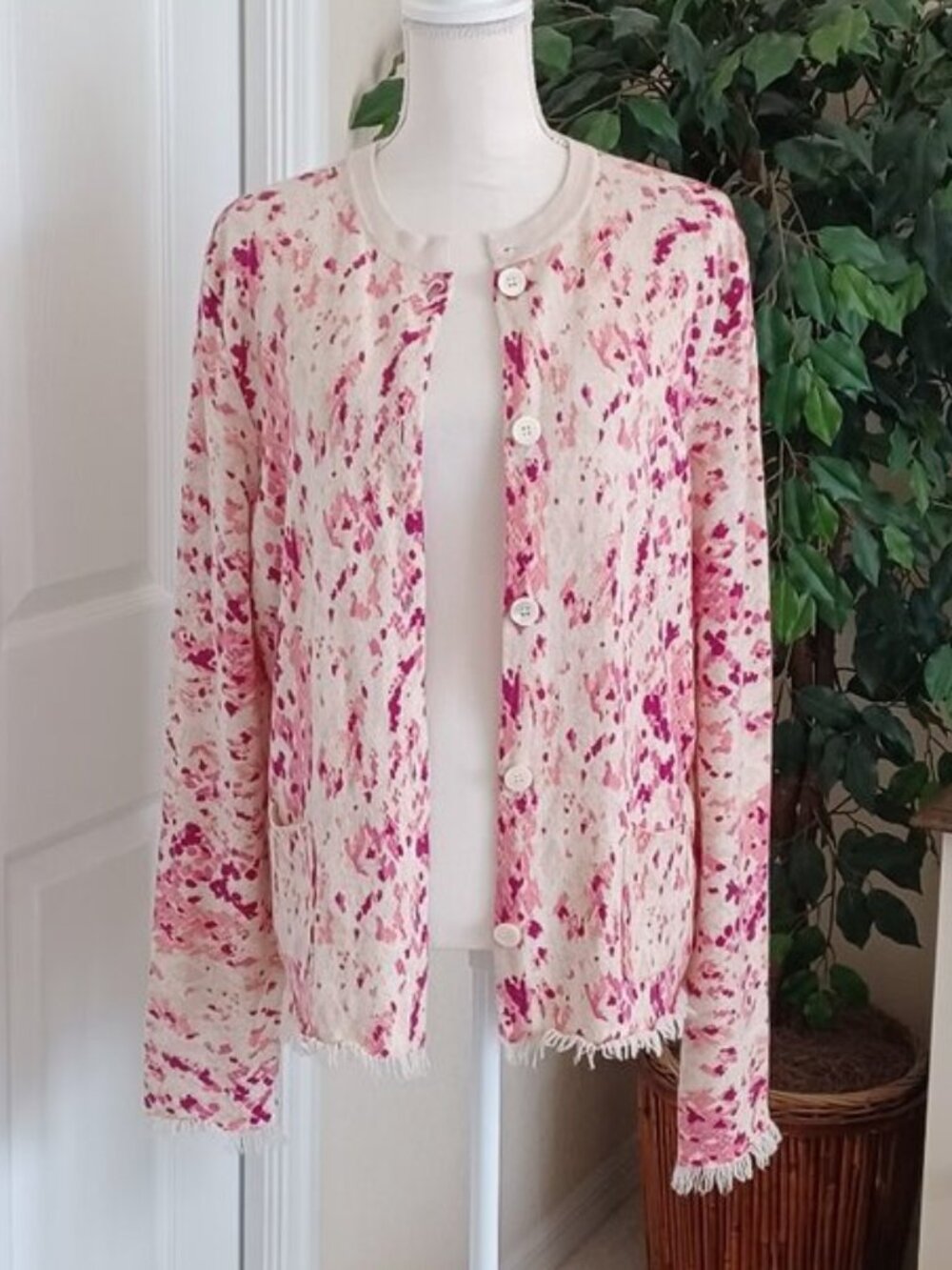 Magaschoni Pink and Cream Splatter Knit Cardigan